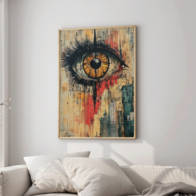 Grunge style eye artwork with paint drips and textured background