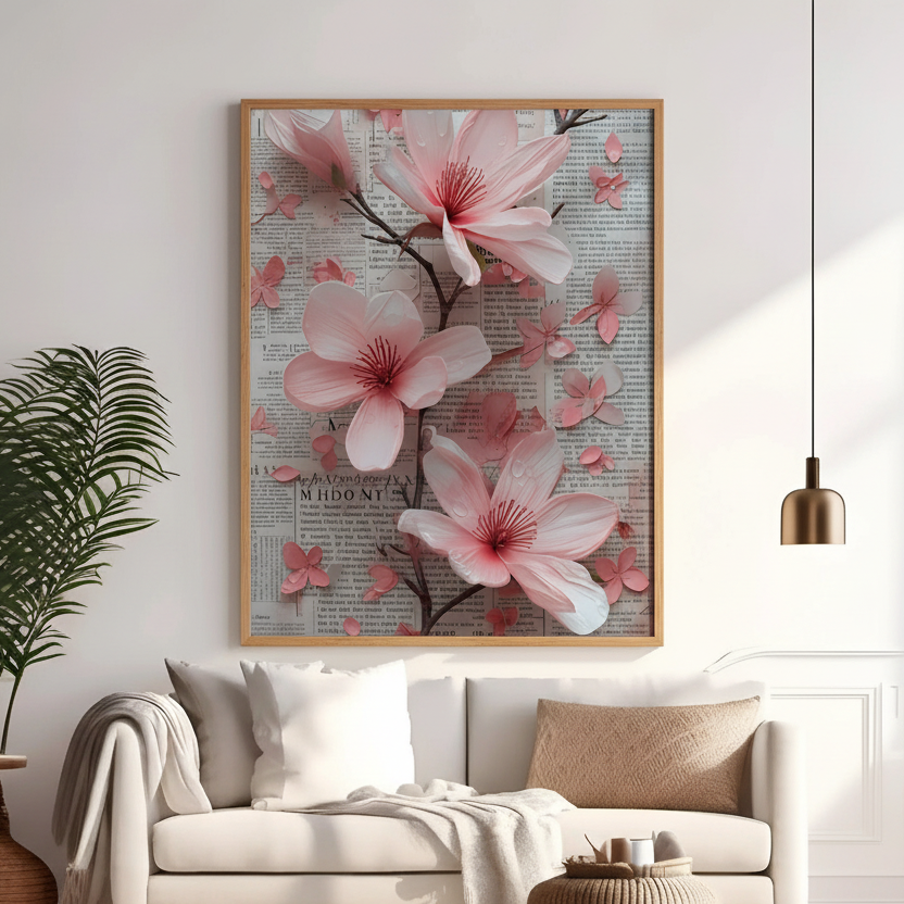 Pink blossoms on branches over vintage newspaper textured background