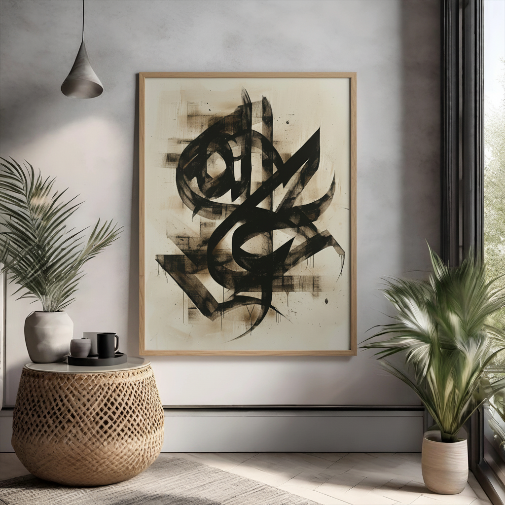 Abstract Arabic calligraphy in bold black strokes on neutral textured background