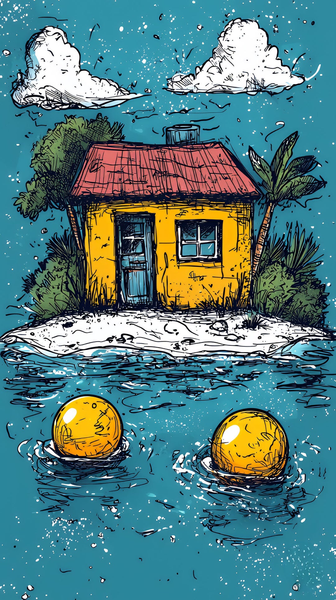 Wadi Home whimsical island house artwork with yellow house, red roof, palm tree, and two floating yellow orbs on turquoise water.
