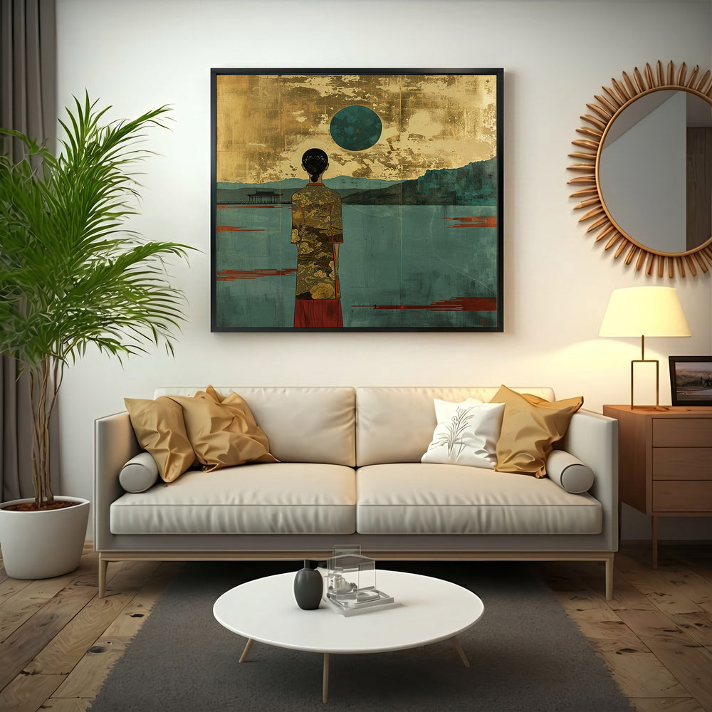 Wadi Home serene landscape wall art with a solitary figure in deep teals, greens, and gold accents.