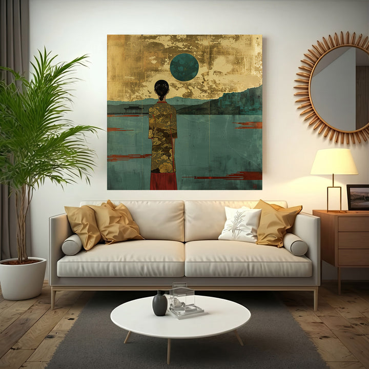 Wadi Home serene landscape wall art with figure in gold patterned robe, teal water, and gold textured sky.