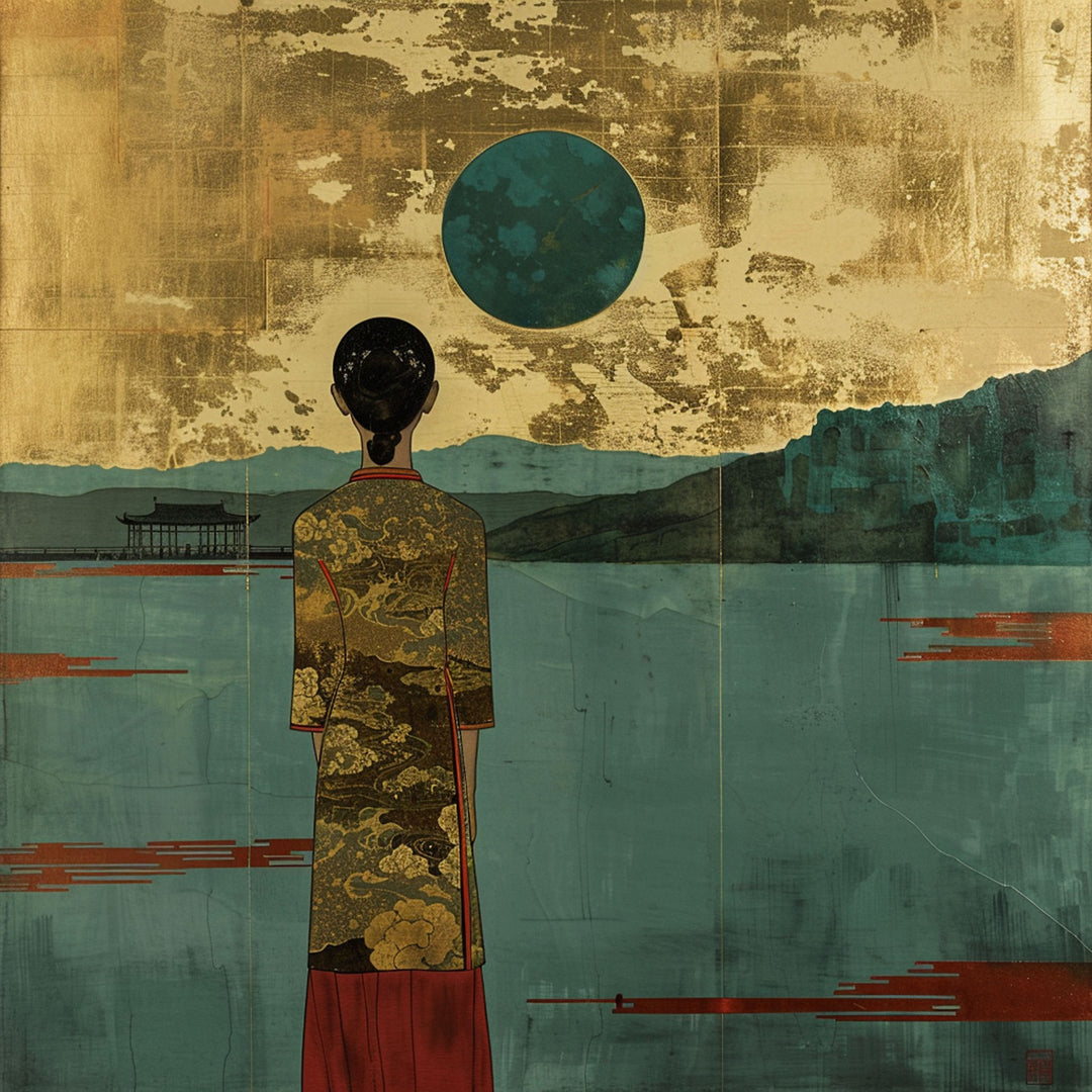 Wadi Home serene landscape wall art with figure in gold patterned robe, teal water, and gold textured sky.