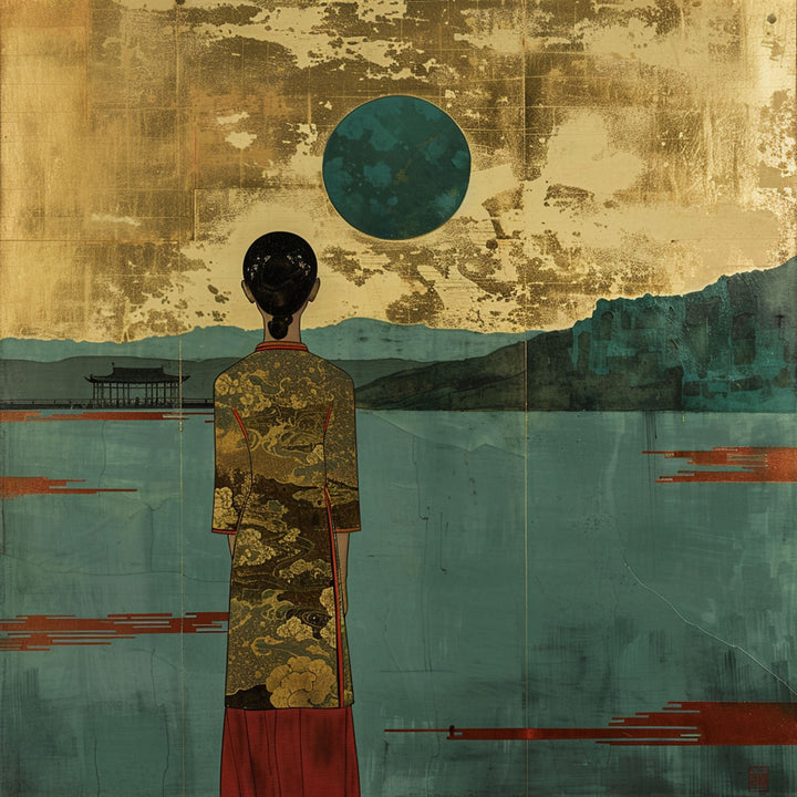 Wadi Home serene landscape wall art with figure in gold patterned robe, teal water, and gold textured sky.