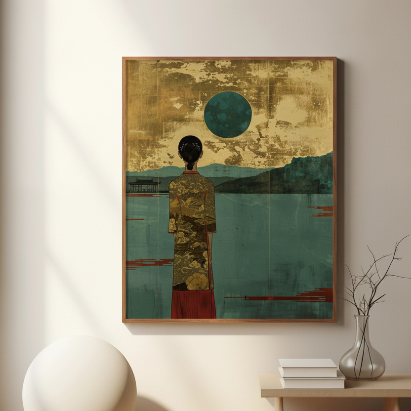 Artistic figure facing calm water with circular sun and textured background