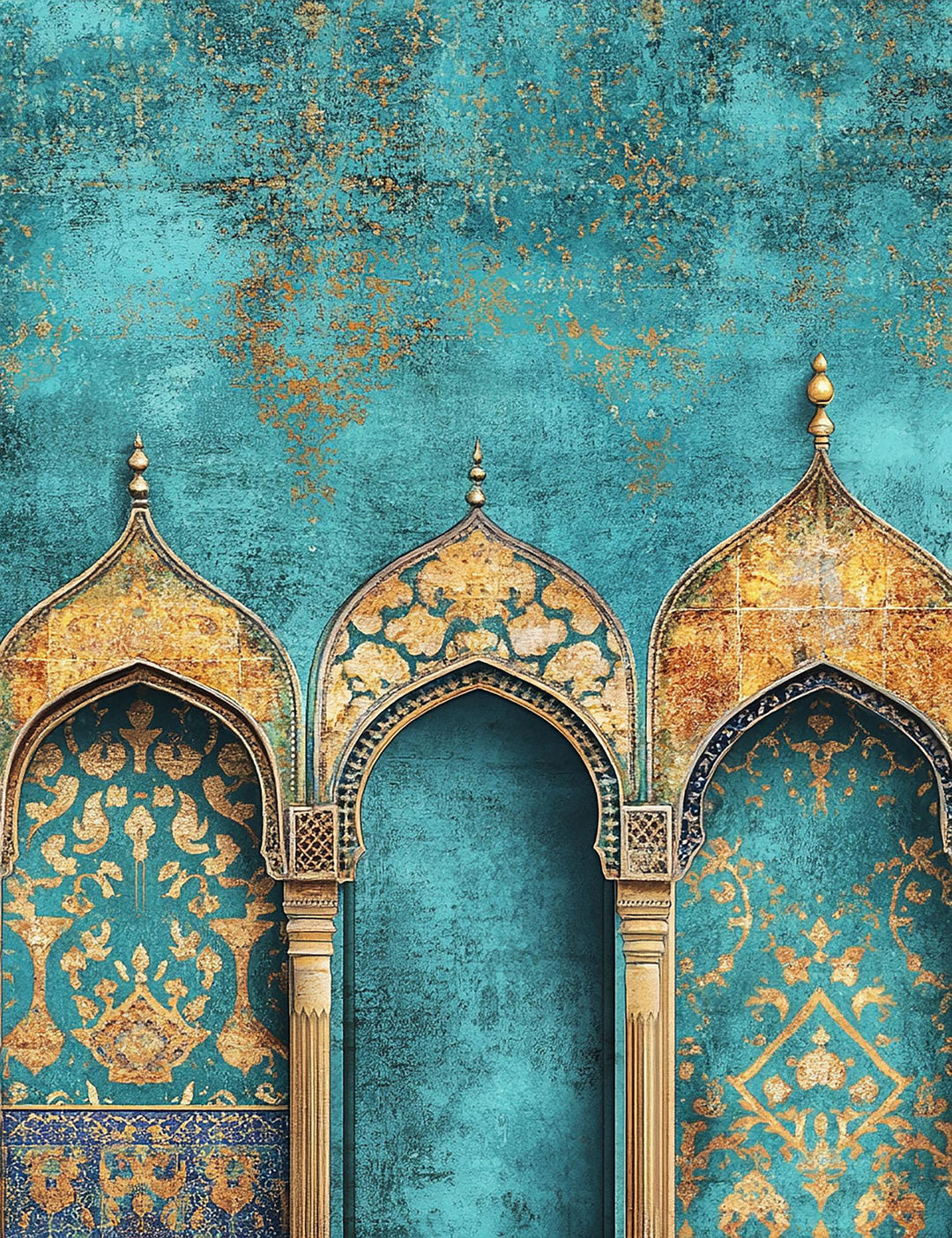 Wadi Home Islamic Archway Canvas Wall Art, turquoise with gold detailing, triptych design.