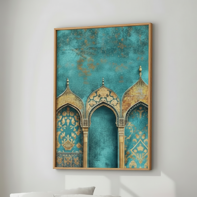 Islamic arches with gold patterns on teal background decorative wall art