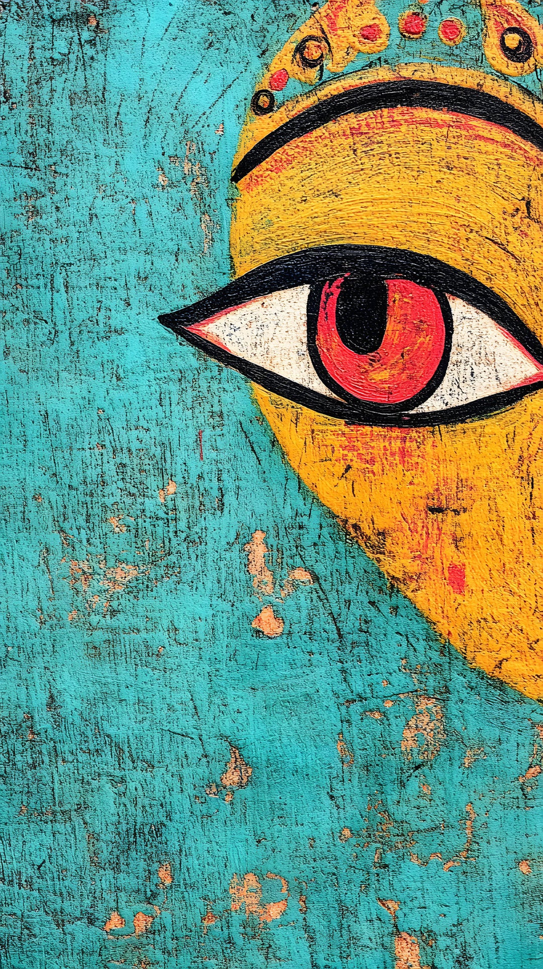 Wadi Home Abstract Eye Canvas Wall Art with turquoise and yellow background, red eye motif.