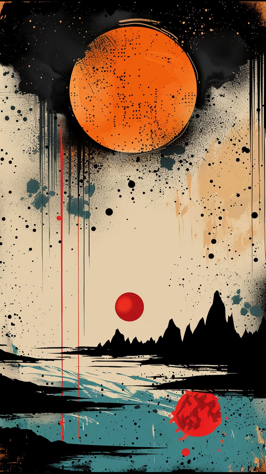 Wadi Home abstract canvas print featuring a vibrant orange sun, silhouetted mountains, and turquoise water with red accents.