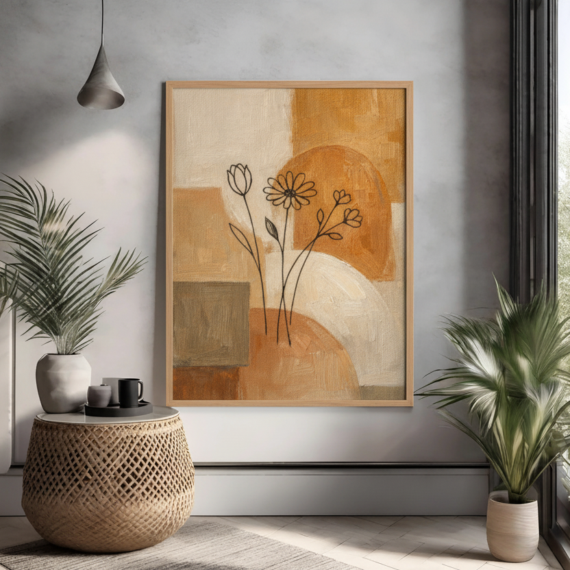 Minimalist floral line art with abstract shapes in warm earth tones