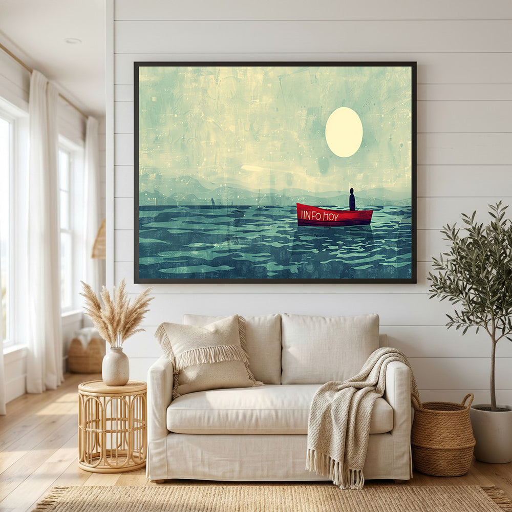 Wadi Home artwork: red boat with 'INFO HOY' text on calm water under a full moon, serene and contemplative.