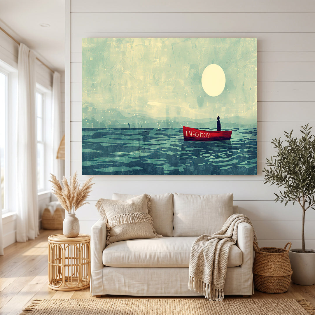 Wadi Home artwork: Red boat with person and 'INFO HOY' text on calm water under a full moon.