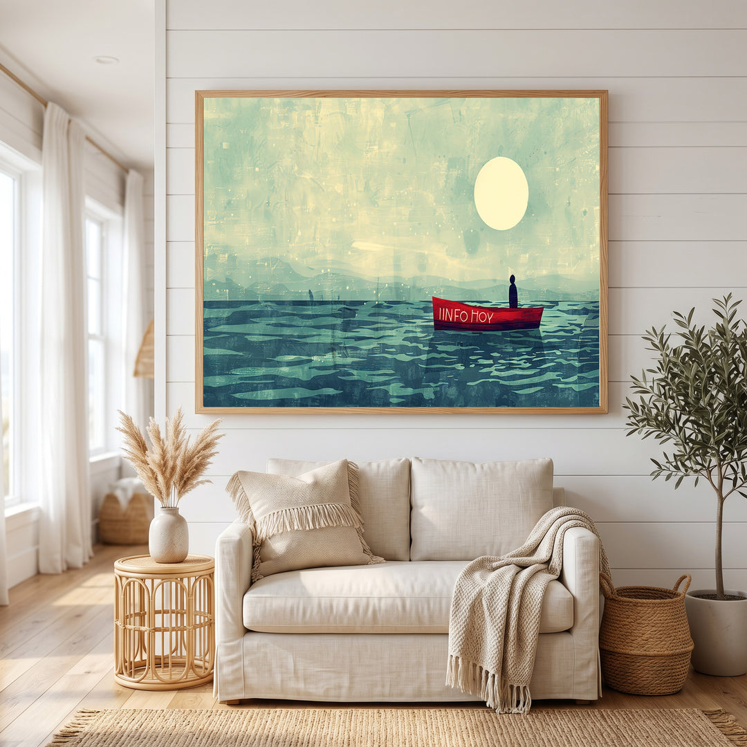 Wadi Home artwork: Red boat with person on water under full moon, serene minimalist art.