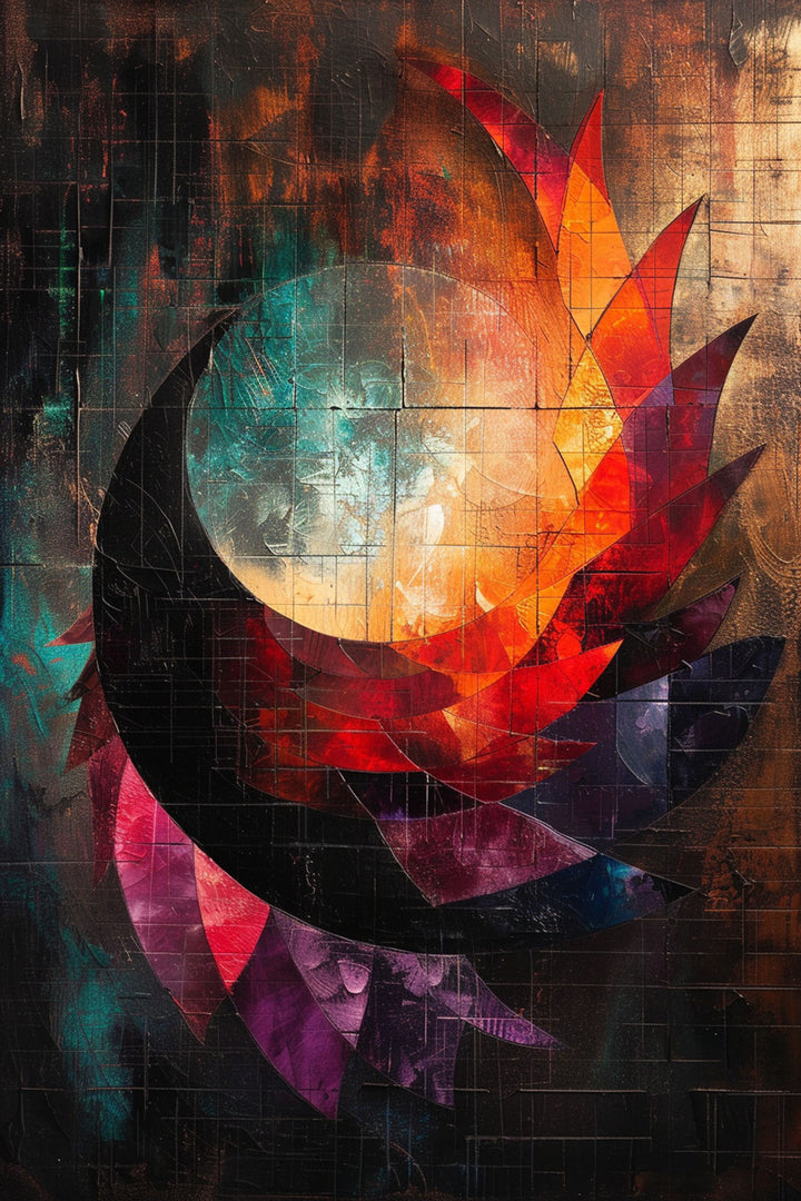 Wadi Home abstract geometric wall art with vibrant red, orange, and teal colors, featuring sharp angular shapes reminiscent of stained glass.
