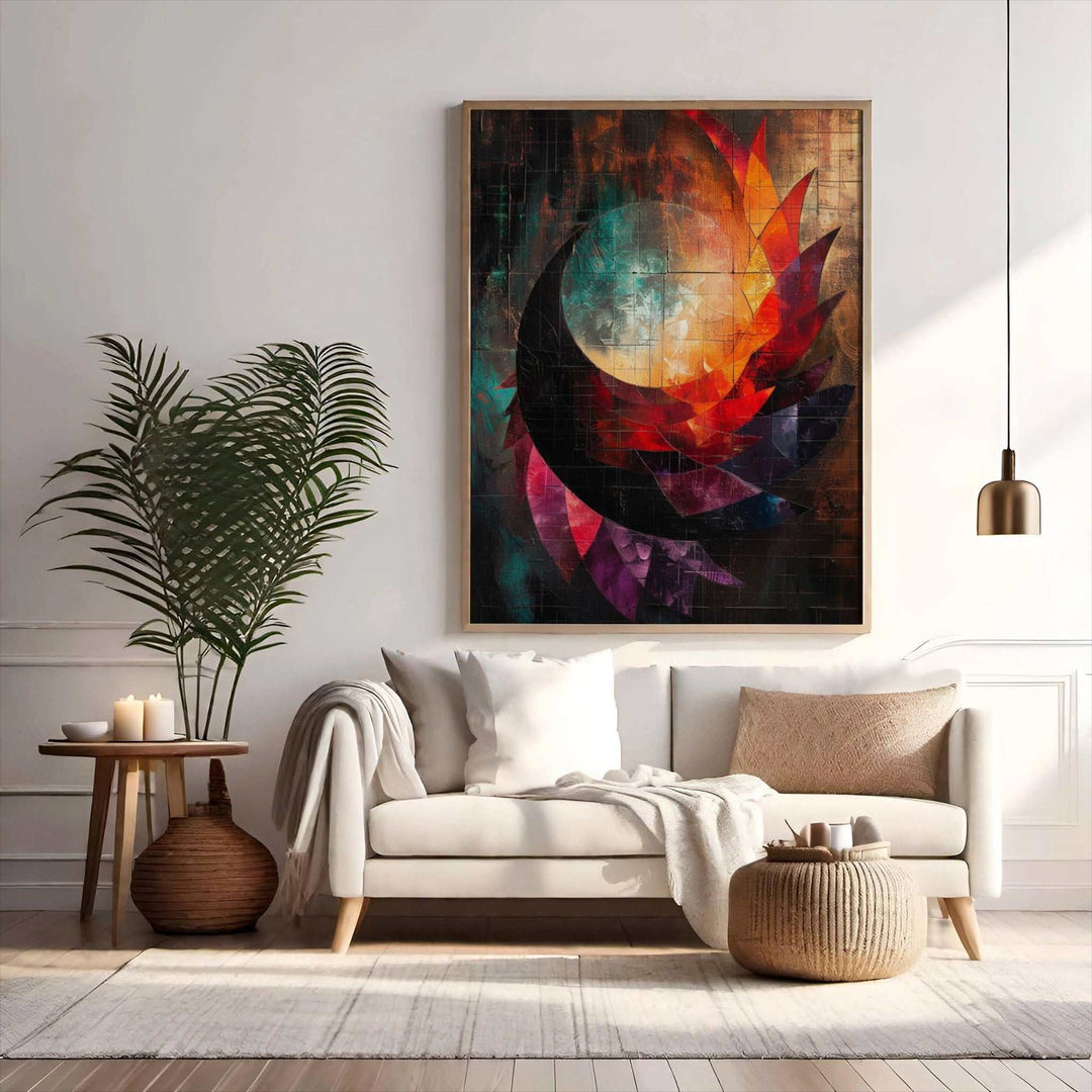 Colorful abstract crescent shape with fiery tones in modern textured design