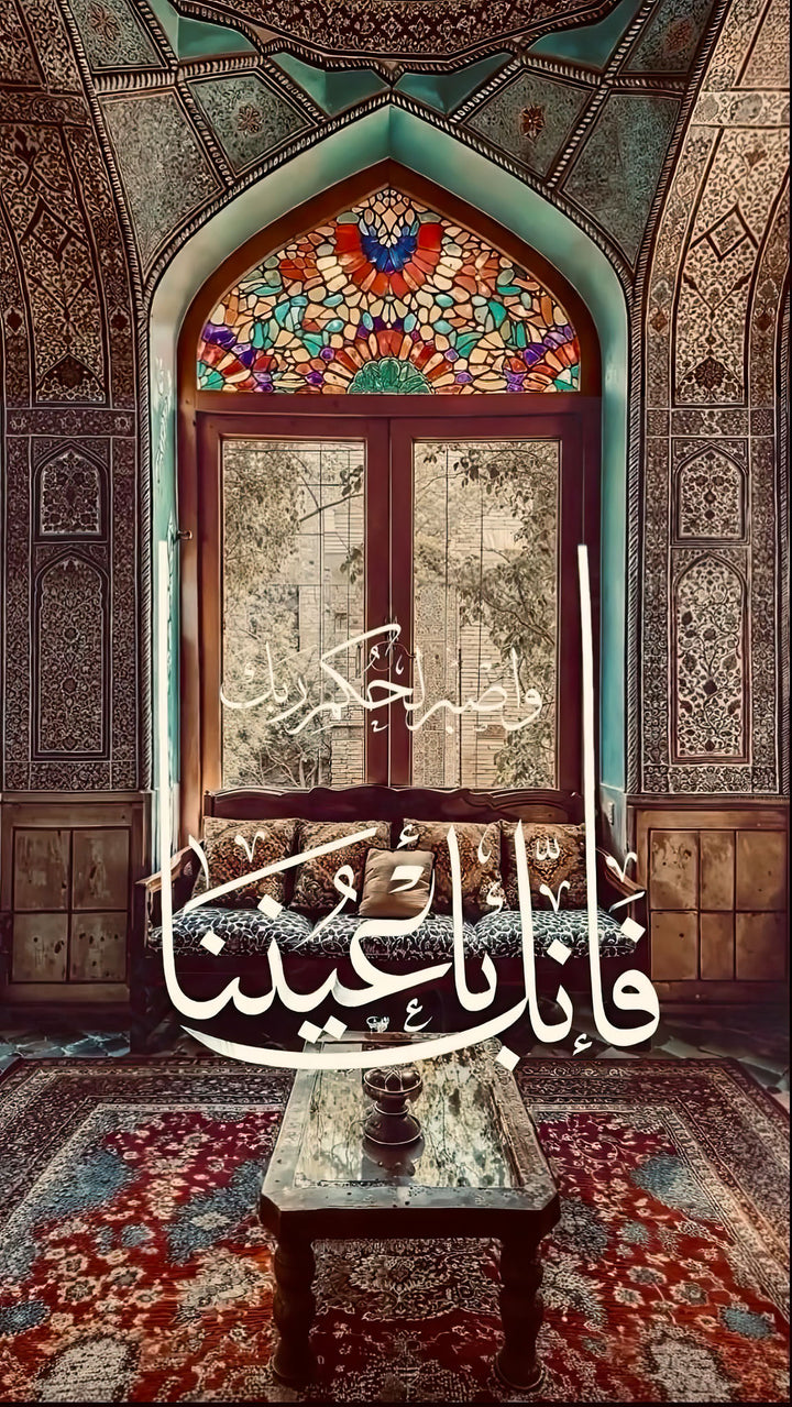 Wadi Home Islamic calligraphy artwork featuring Arabic script against intricate patterns and stained-glass window. Spiritual art for home decor.