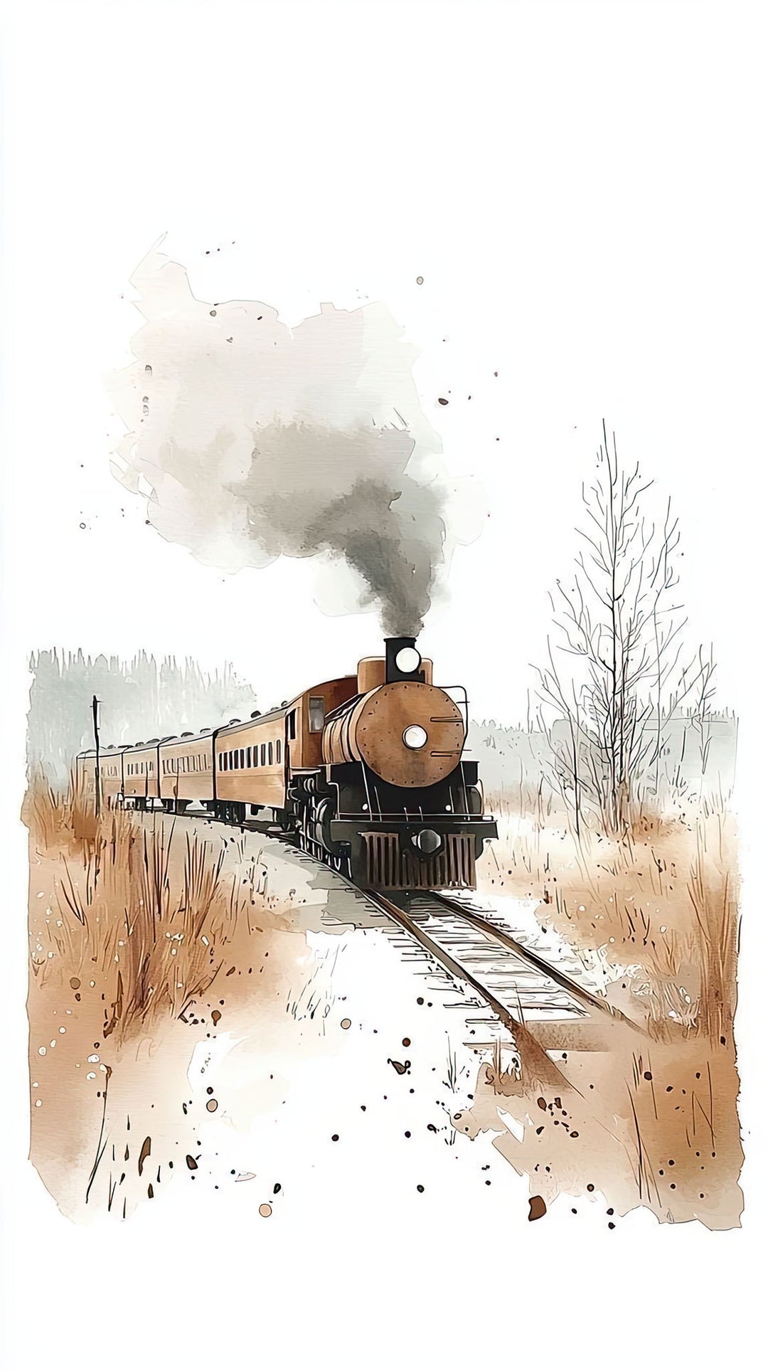 Wadi Home vintage train watercolor art print, featuring a steam engine with smoke billowing, set against a rustic, snowy landscape.