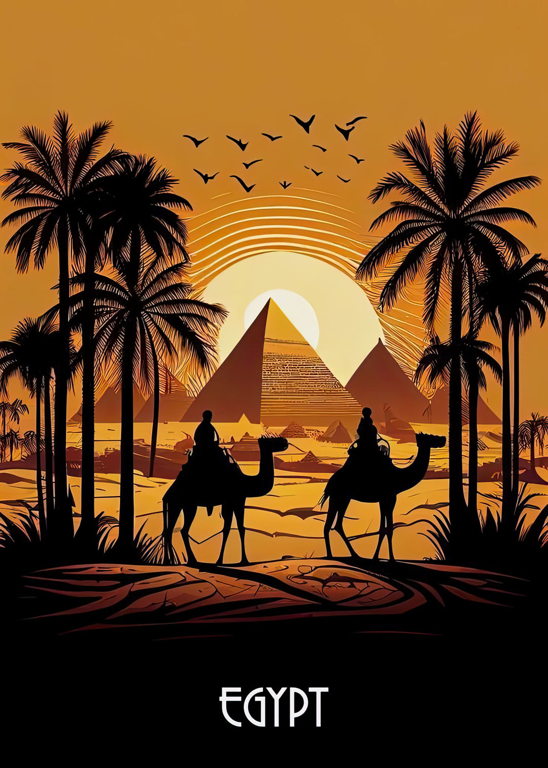 Wadi Home Egyptian pyramids sunset wall art with camels and palm trees. Warm golden hues.