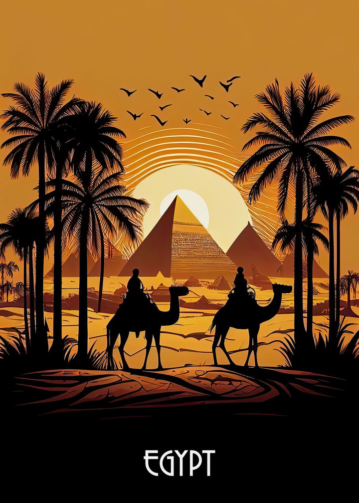 Wadi Home Egyptian pyramids sunset wall art with camels and palm trees. Warm golden hues.