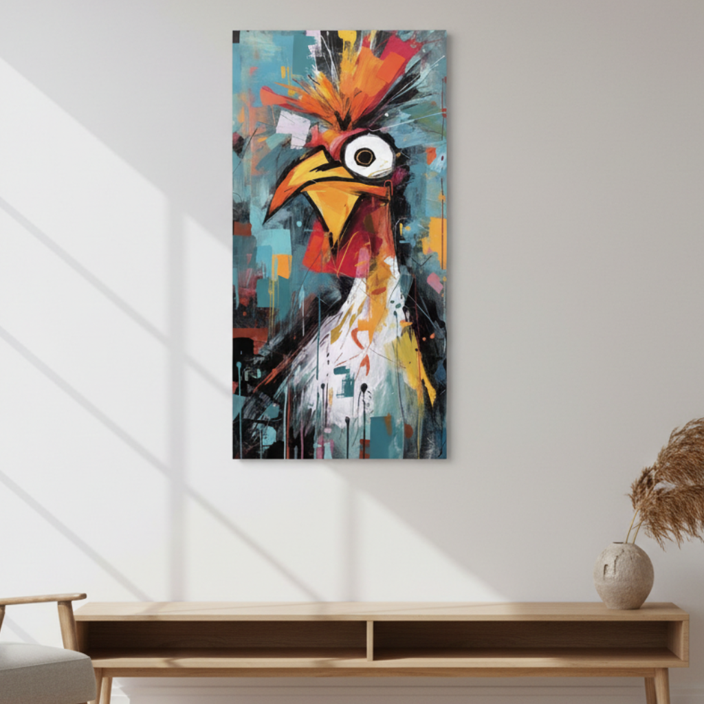 Modern abstract rooster canvas art with vibrant orange, teal, yellow, and black brush strokes on textured premium canvas in MDF frame