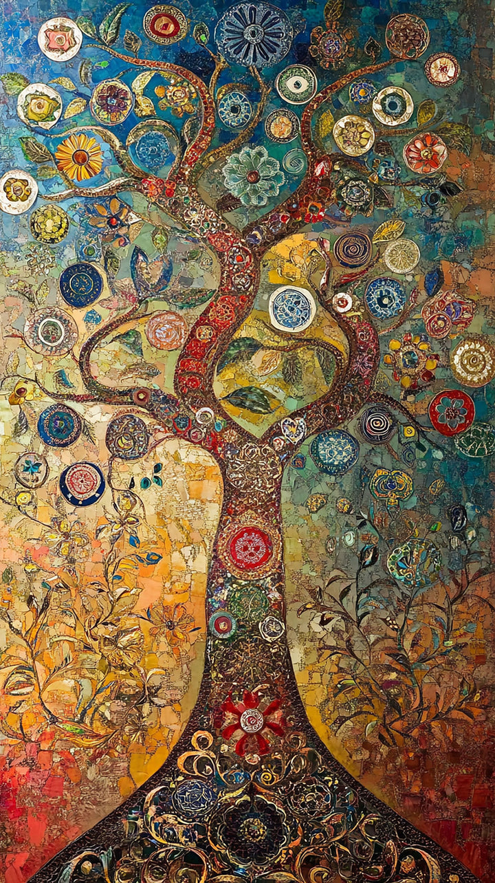 Wadi Home vibrant Tree of Life wall art with intricate colorful details, symbolizing growth and abundance.