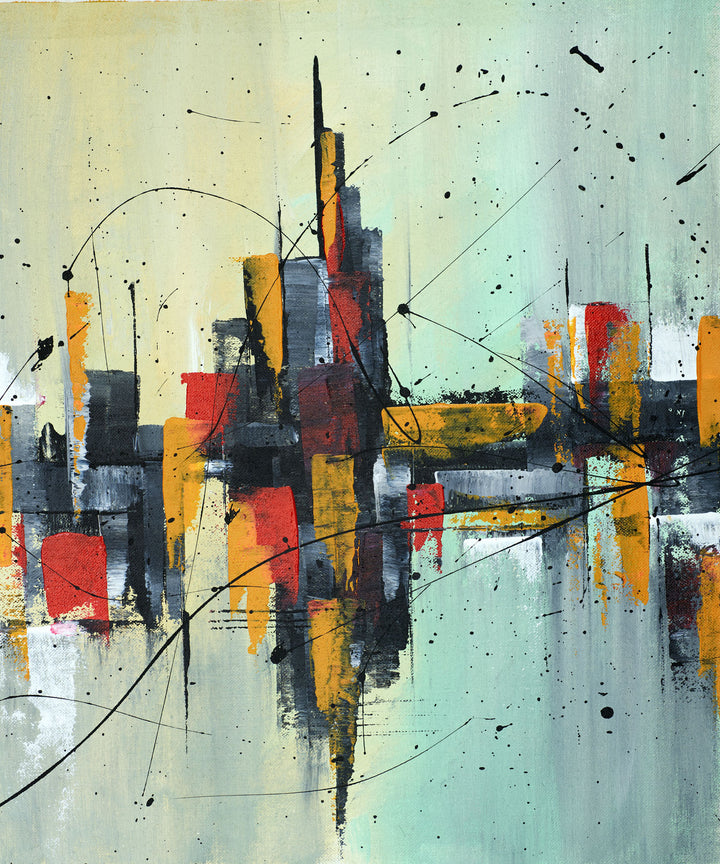 Wadi Home abstract cityscape canvas art with reds, yellows, blacks, and blues. Textured finish, modern design.