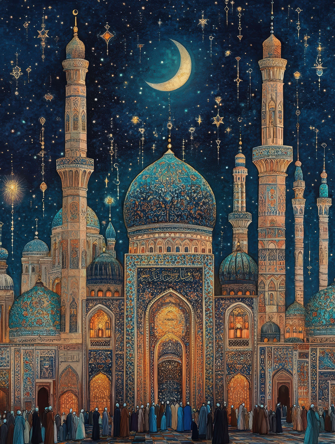 Wadi Home Islamic art print of a majestic mosque under a starry night sky with a crescent moon. Rich blues, golds, and teals.