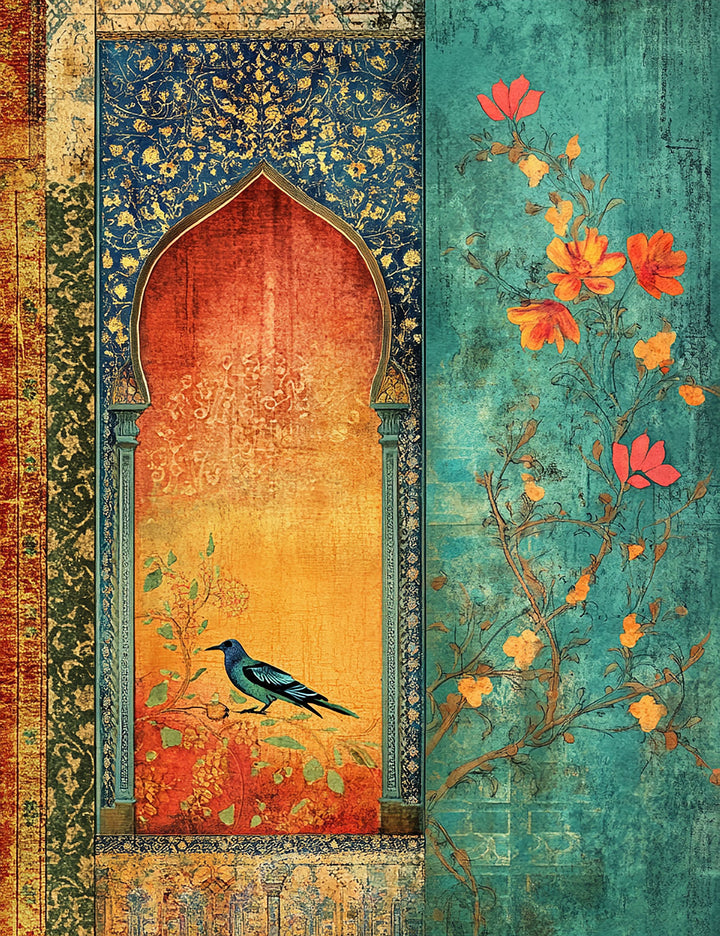 Wadi Home Ornate Archway wall art with bird and floral accents in warm oranges and deep teals.