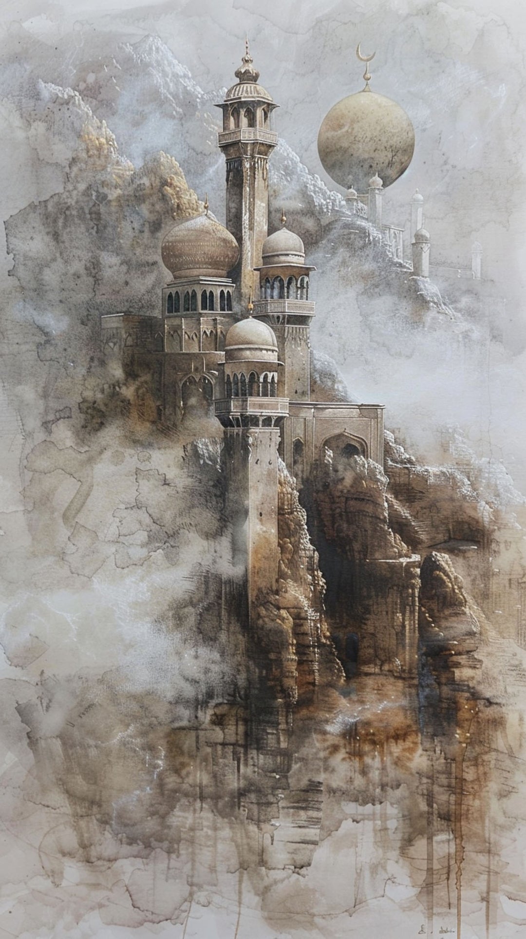 Wadi Home Islamic mosque landscape wall art with muted earthy tones, depicting a majestic mosque on a rocky cliff amidst misty mountains.