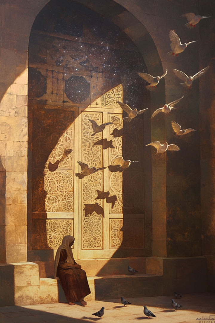 Wadi Home wall art depicting a solitary figure in brown robes seated on steps before an ornate doorway, with a flock of birds flying upwards. Warm golden light illuminates the scene.
