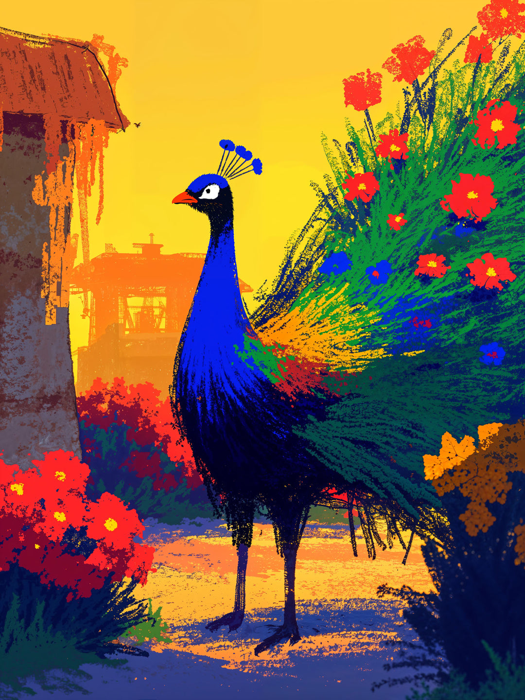 Wadi Home vibrant peacock wall art with colorful flowers and greenery, featuring blues, greens, and reds.