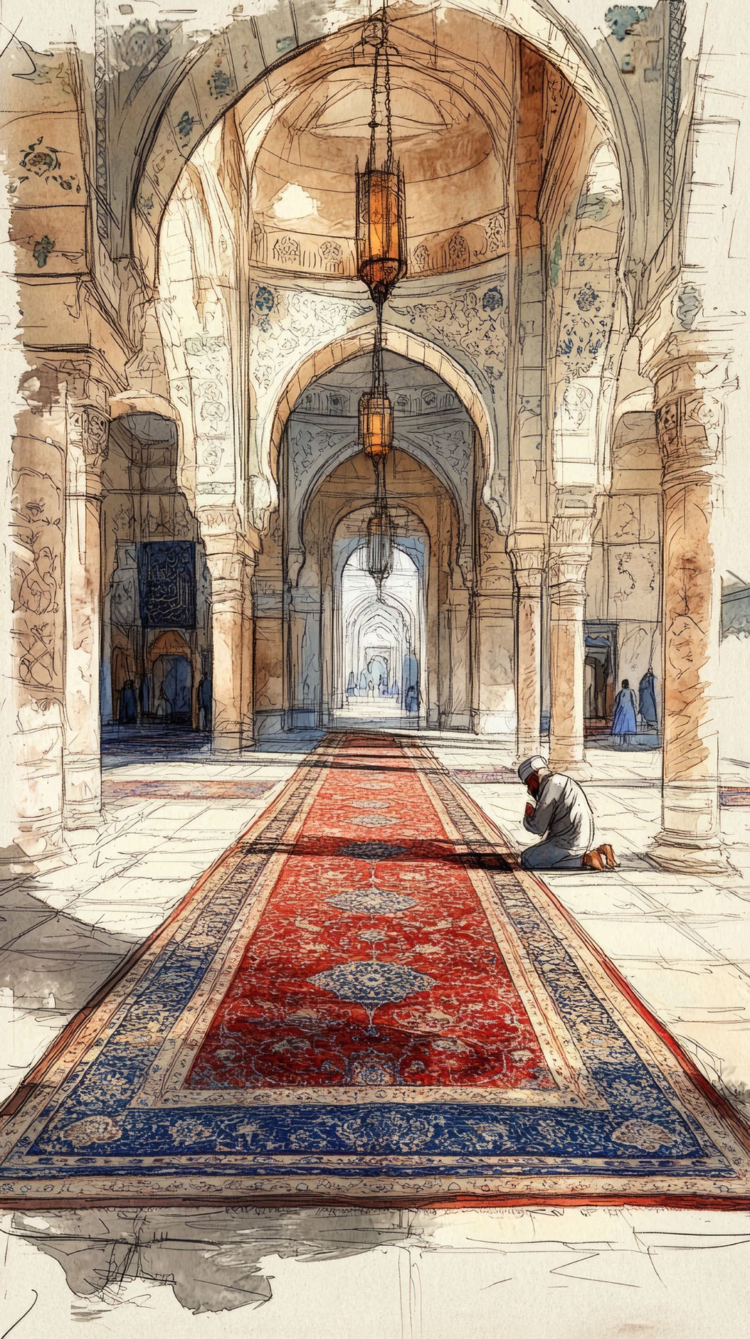 Wadi Home Islamic Mosque Hallway Art Print: Watercolor of mosque interior with arches, lanterns, and red carpet runner. A person prays in the distance.