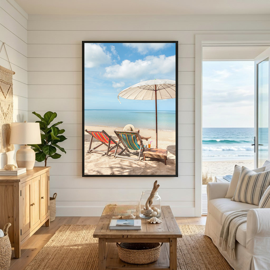 Wadi Home tropical beach scene wall art with two lounge chairs, umbrella, and ocean view.