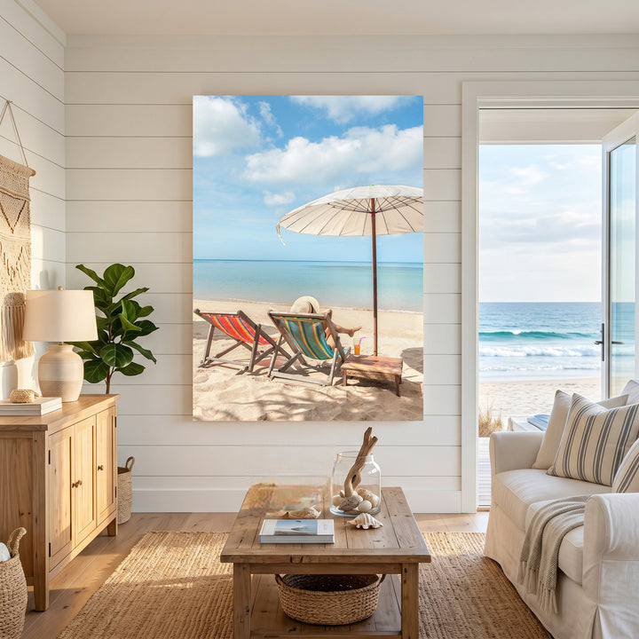 Wadi Home Tropical Beach Scene Wall Art with two colorful lounge chairs, umbrella, and ocean view.