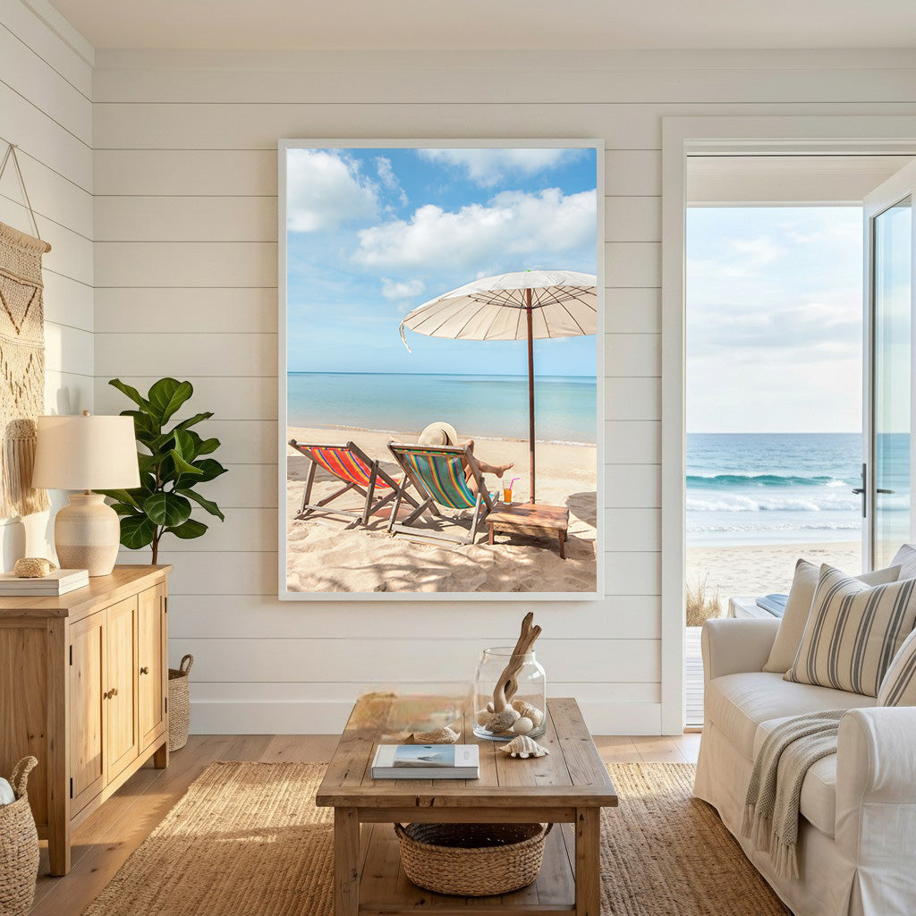 Wadi Home tropical beach scene wall art with two lounge chairs, umbrella, and ocean view.