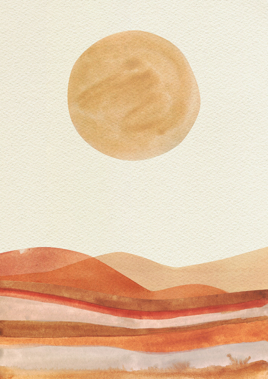Wadi Home abstract desert landscape wall art with warm earthy tones and minimalist design, featuring rolling dunes and a sun.