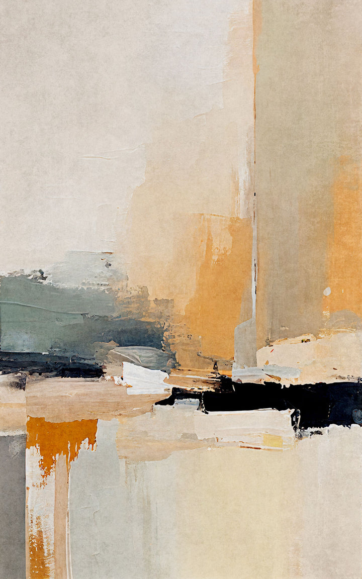 Wadi Home abstract landscape canvas art with ochre, grey, and cream tones. Textured brushstrokes create a modern, sophisticated focal point.