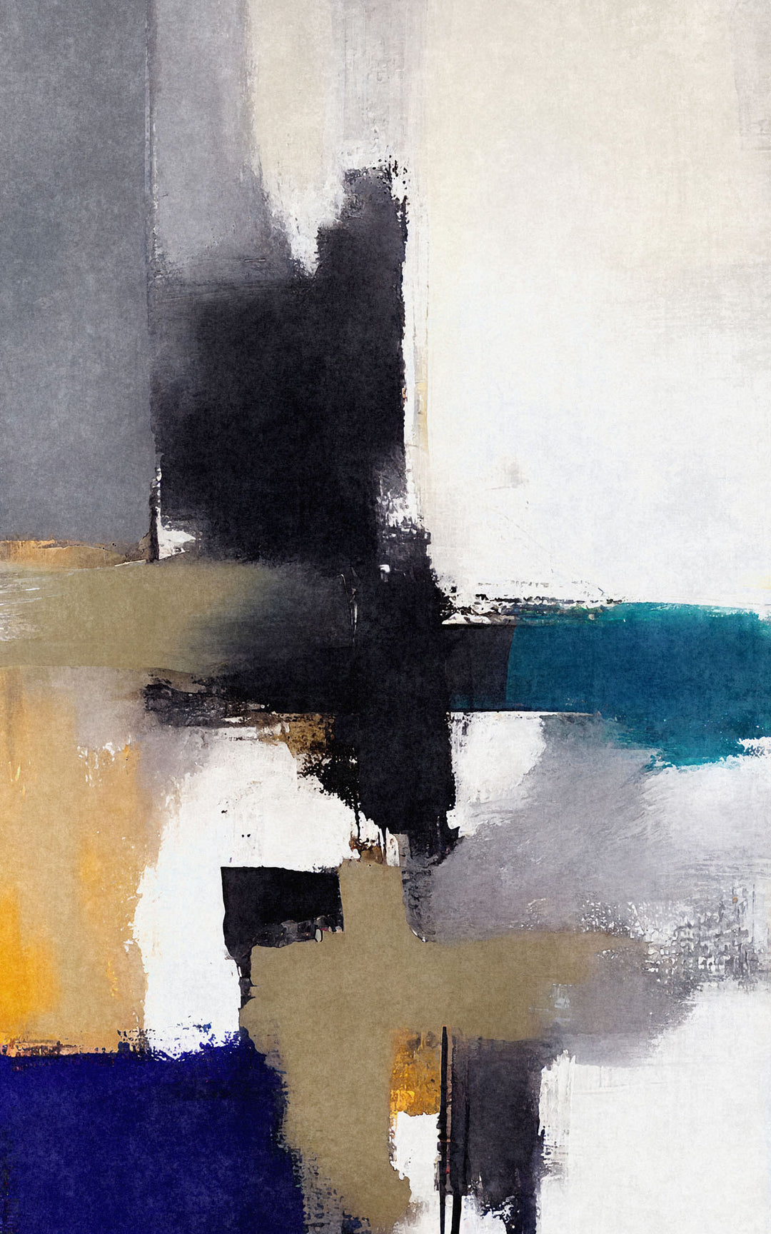 Wadi Home abstract geometric canvas wall art with blues, yellows, grays, and black. Modern textured design.