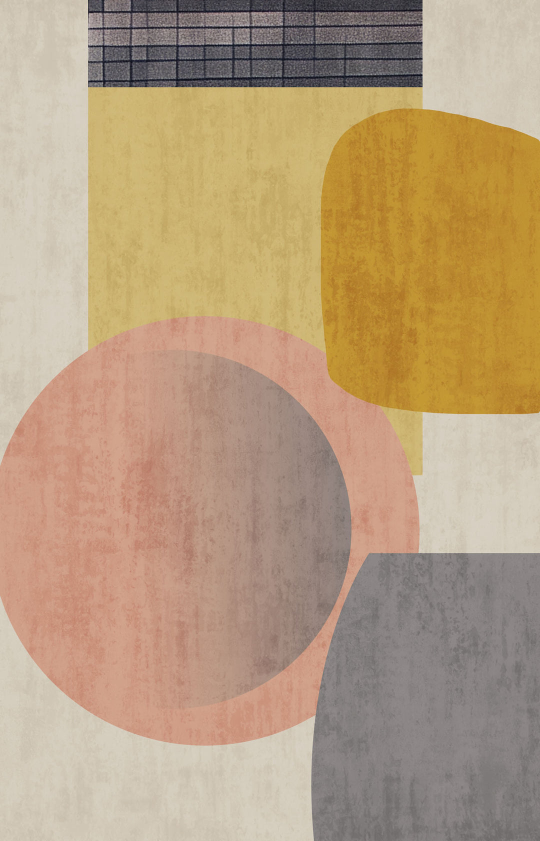 Wadi Home abstract geometric wall art with blush pink, mustard yellow, and grey shapes. Modern art for living rooms.