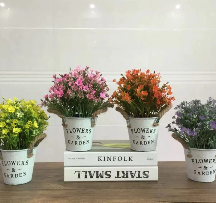 Artificial Flowers in Metal Pots