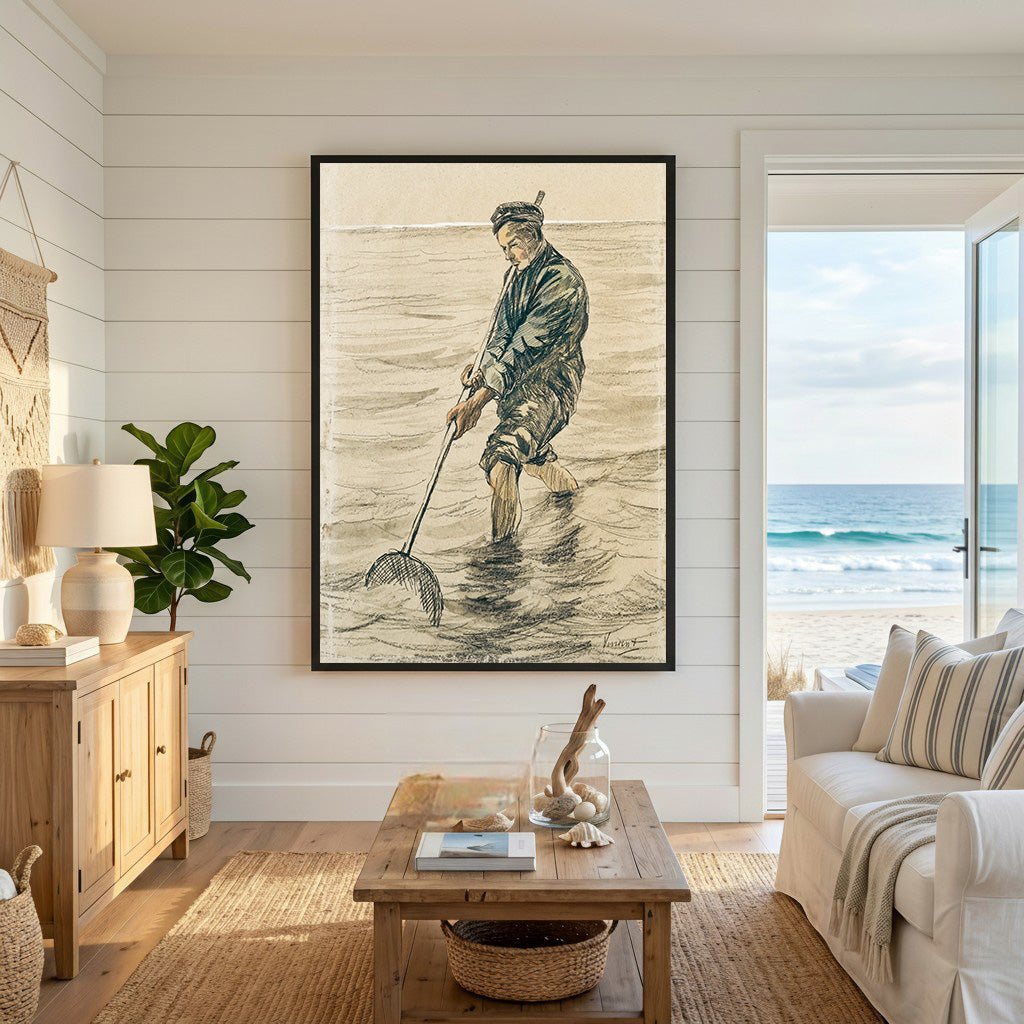 Wadi Home artwork: Fisherman in muted sketch style wading in water with a net. Coastal decor.
