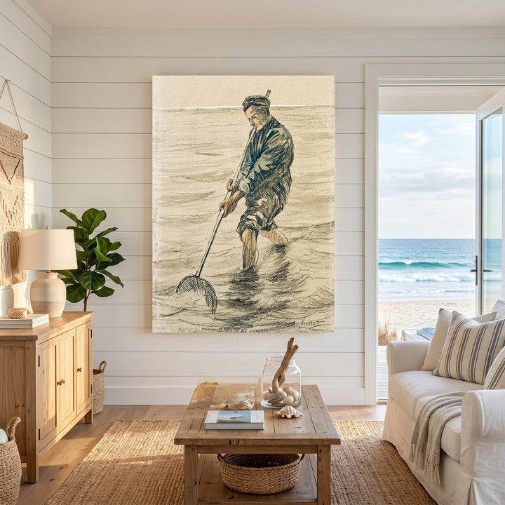 Wadi Home artwork: sketch of a fisherman in dark clothing wading in water with a net. Muted colors, rustic charm.