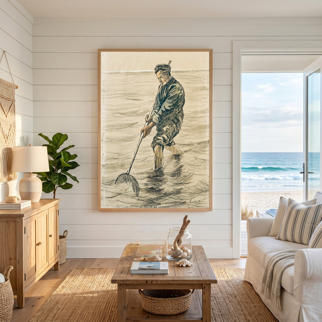 Wadi Home fisherman artwork sketch in muted tones, wading in water with a net. Coastal decor.