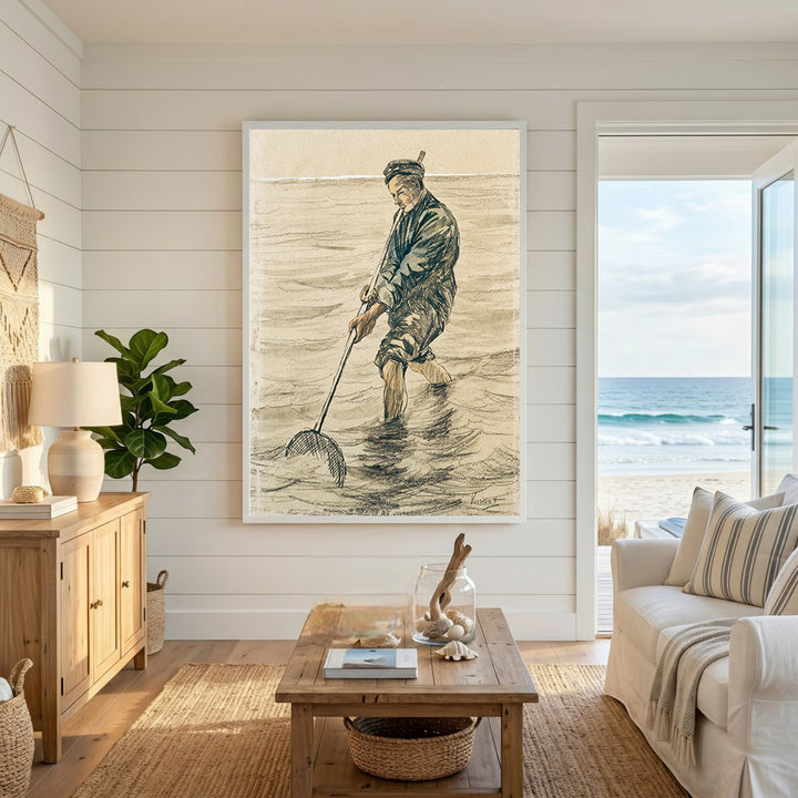 Wadi Home fisherman artwork sketch in muted tones, man with net wading in water, coastal decor.