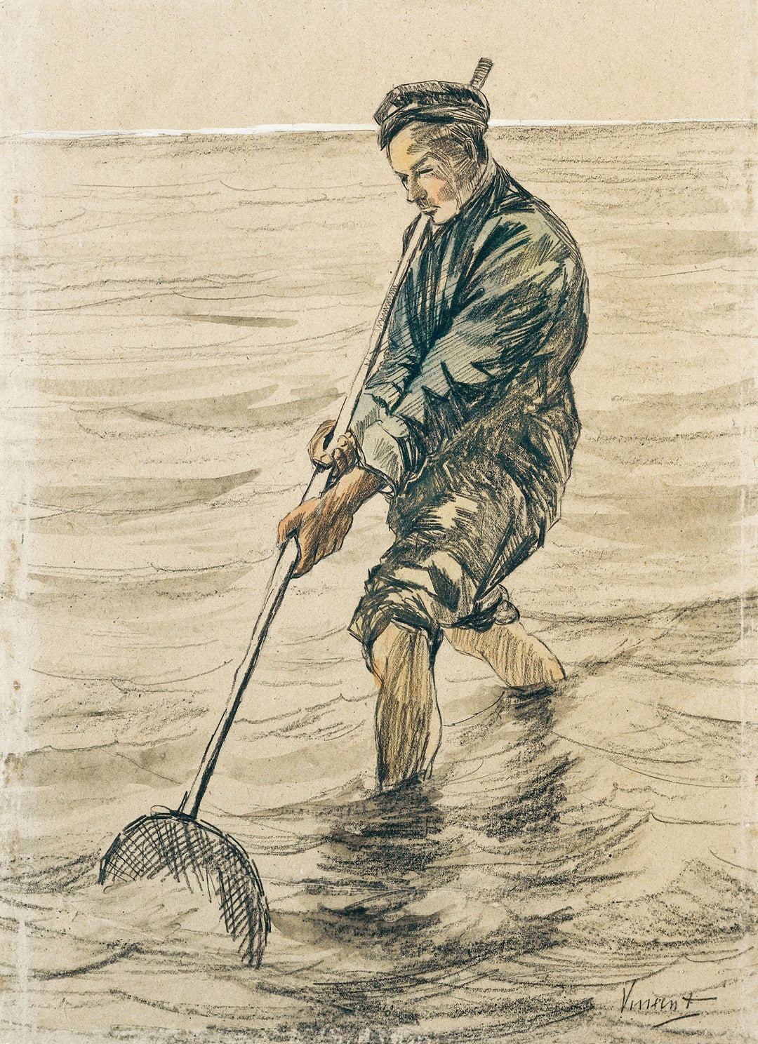 Wadi Home artwork: sketch of a fisherman in dark clothing wading in water with a net. Muted colors, rustic charm.