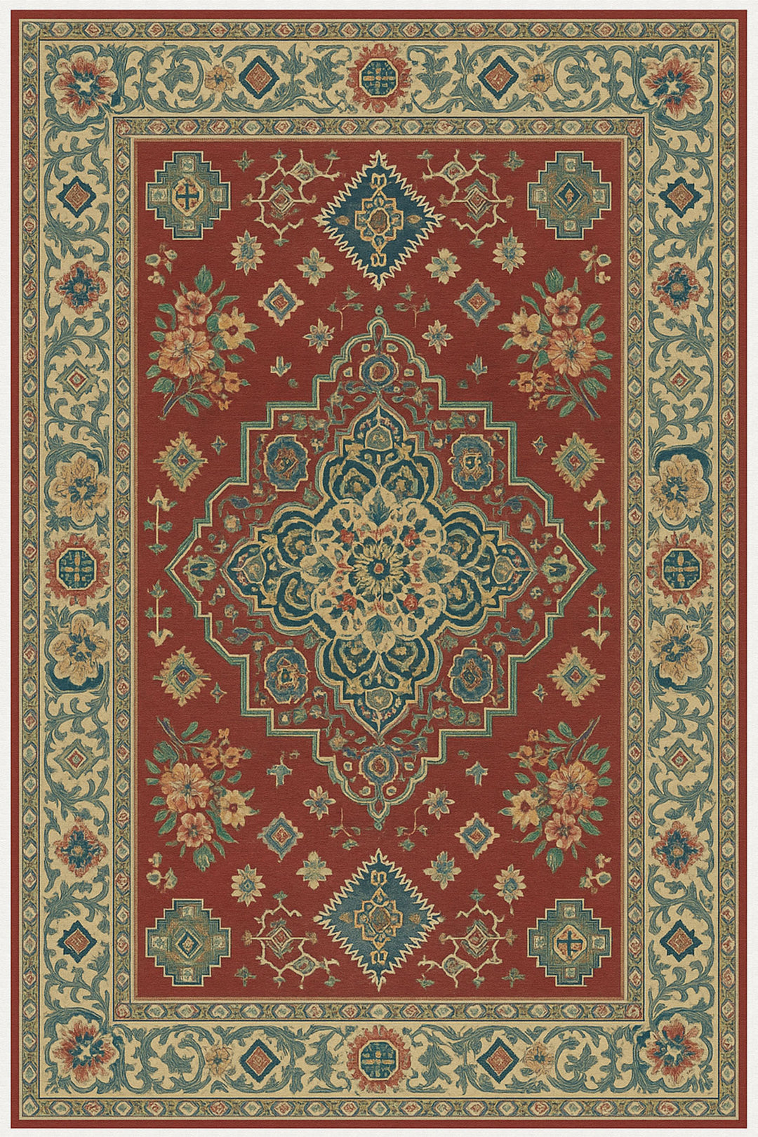 Wadi Home traditional Persian inspired wall tapestry in deep red with intricate blue, green, and gold floral motifs.