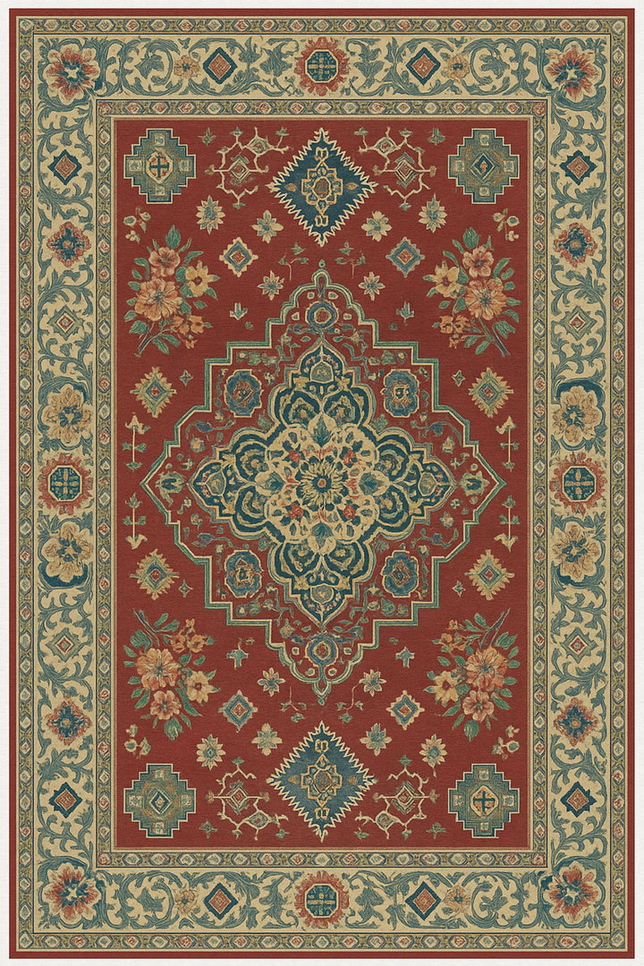 Wadi Home traditional Persian inspired wall tapestry in deep red with intricate blue, green, and gold floral motifs.
