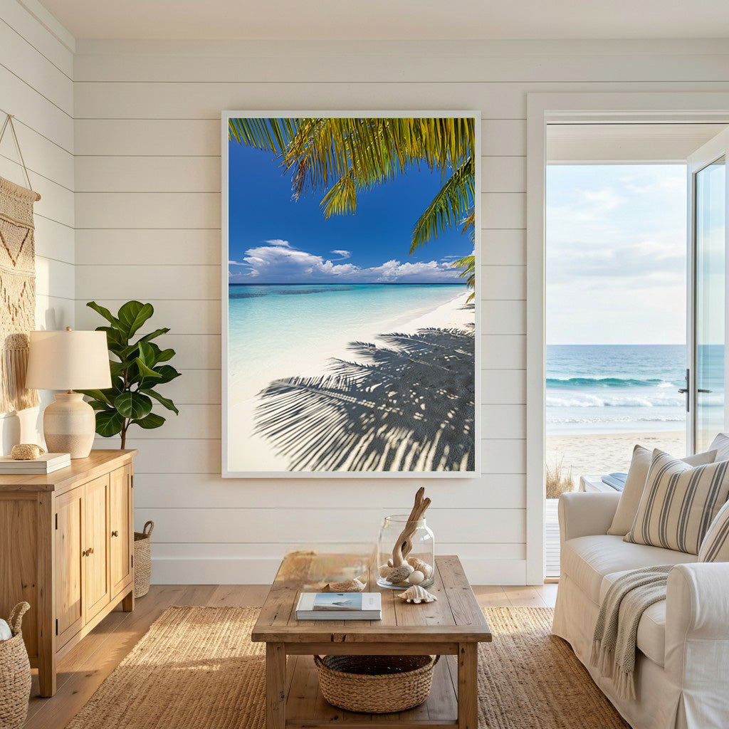 Wadi Home tropical beach wall art with palm tree shadows on white sand and turquoise water under a blue sky.