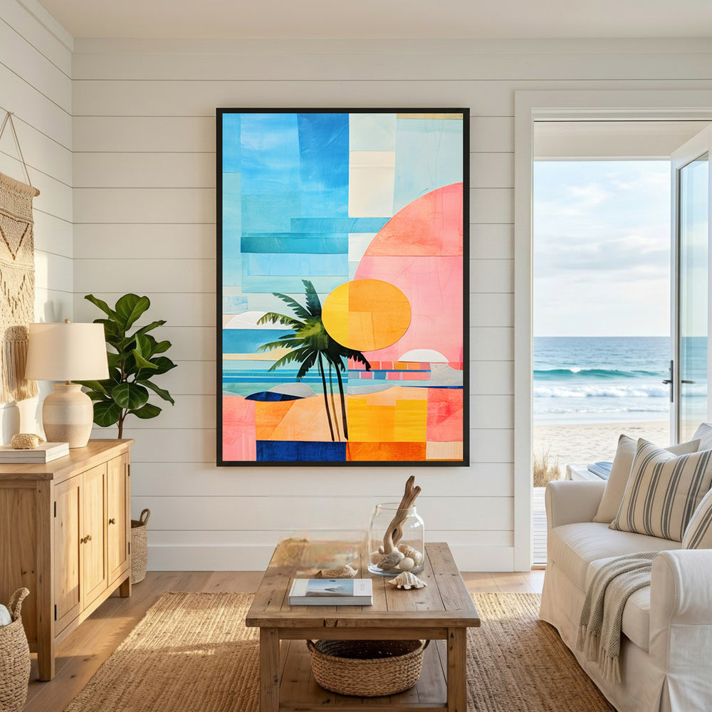 Wadi Home abstract tropical beach art with palm trees, sun, and geometric shapes in blue, pink, orange, and yellow.