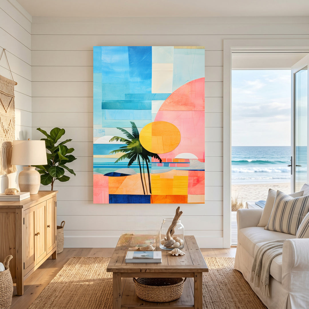Wadi Home abstract tropical beach landscape wall art with palm trees, sun, and geometric shapes in blue, pink, orange, and yellow.